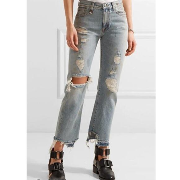 R13 Bowie High Rise Straight Leg Jeans Light Denim Distressed Rutland Grunge - Picture 3 of 13